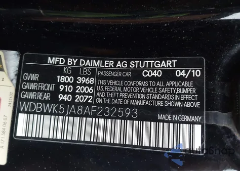 2010 Mercedes-Benz Slk 350 from USA, damaged, VIN WDBWK5JA8AF232593